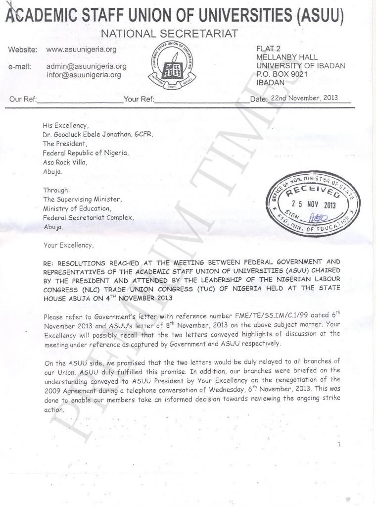 ASUU letter to jonathan