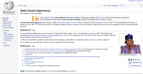 Stella Oduah's new Wikipedia page without a university