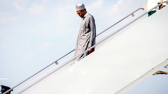 President Muhammadu Buhari alighting from the plane on one of his trips