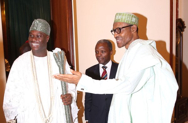 FROM LEFT: The Ooni of Ife, Oba Adeyeye Ogunwusi II; Vice-President Yemi Osinbajo and President Muhammadu Buhari, during the visit of the Monarch to the Presidential Villa today