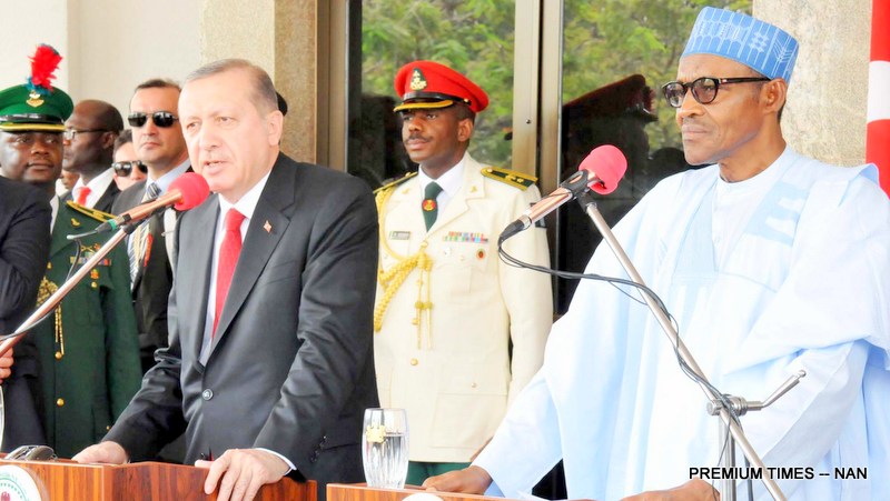 PIC. 28. PRESIDENT BUHARI (R) AND VISITING PRESIDENT RECEP TAYYIP ERDOGAN OF TURKEY, ADDRESSING A JOINT NEWS CONFERENCE AFTER A BILATERAL MEETING AT THE PRESIDENTIAL VILLA IN ABUJA ON WEDNESDAY (2/3/16). 2018/2/3/2016/ICE/BJO/NAN