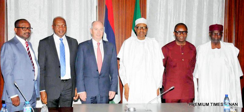 FROM LEFT: General Manager, Business and Government Relations, Mr Simbi Wabote; Managing Director, Shell Companies, Nigeria, Mr Okunbor Osagie; Upstream Director, Mr Andy Brown; President Muhammadu Buhari; Minister of State For Petroleum, Mr Ibe Kachikwu and Chief of Staff, Alhaji Abba Kyari, after the President's Meeting  with the leadership of Shell at the Presidential Villa in Abuja