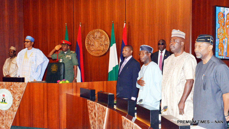 President Muhammadu Buhari and ministers at a Federal Executive Council meeting