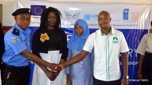 L-R: Assistant Superintendent of Police, Mr. Usman Nuhu; Project Coordinator, Speakers' Corner Trust Nigeria,  Miss Marilyn Ogbebor; a Student of Government Girls Secondary School, Dutse, Miss Abimbola Idris; and Project Officer, Akin Fadeyi Foundation, Mr. Ganiyu Olowu during the European Union (EU) /UNDP Anti-Corruption Capacity Building workshop  in Dutse, Abuja recently. 