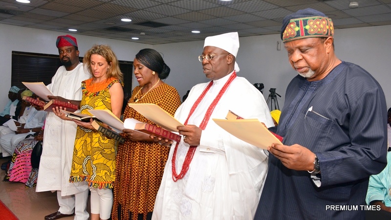 Members of the newly inaugurated Board of Arts & Culture,  Kunle Afolayan; Chairman of the Board, Mrs. PollyAlakija; Joke Silva; Mobee of Badagry, High Chief Patrick Yodenu Mobee and Mr. Kolade Oshinowo during the inauguration at the Conference room, Lagos House, Ikeja, on Wednesday, April 12, 2017.