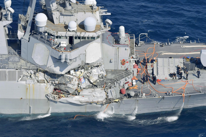The U.S. warship collided with a merchant vessel.