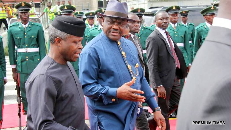 Acting President Yemi Osinbajo and Rivers State Governor, Nyesom Ezenwo Wike during an airport reception for the Acting President in Port Harcourt on Thursday.