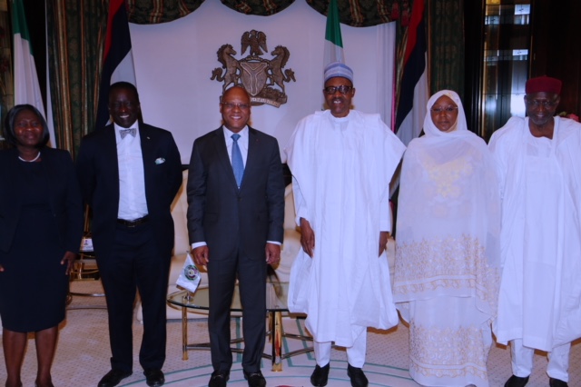 President Muhammadu Buhari (M) flanked by the ECOWAS President Mr Jean Cloude Kessi Brou, Special Adviser Mr Diane Mamadi and Ambassador of Cote D'Ivoire to Nigeria, Mrs Toure Maman Nee Kone, Minister of State Foreign Affairs and .Chief of Staff Mallam Abba Kyari during an audience at the State House Abuja. PHOTO; SUNDAY AGHAEZE. MARCH 2ND, 2018