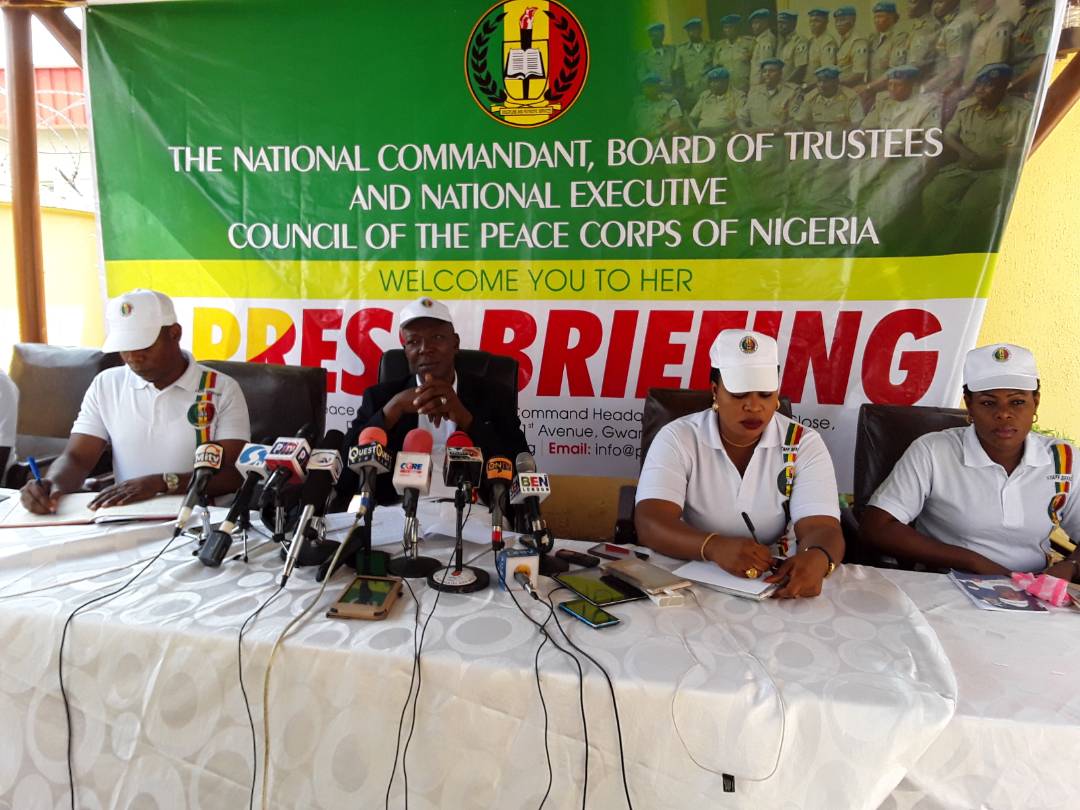 Peace Corps National Commandant, Dickson Akoh addressing a press conference after the House of Representatives rejected the bill.