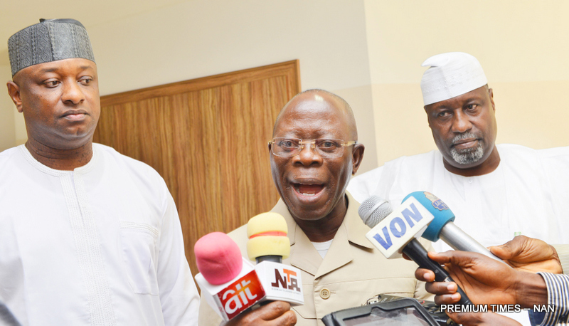 National Chairman of All Progressives Congress, (APC), Adams Oshiomhole (m), addressing State House Correspondents after a meeting with the Chief of Staff to the President, Abba Kyari at the State House Abuja on Monday (23/7/18). With him are Spokesperson for President Muhammadu Buhari’s 2019 Campaign, Festus Keyamo (L) and former member of the House of Representatives from Birnin-Kudu in Jigawa State. Hon. Farouk Aliyu Adamu. 03946/23/7/18/Ismaila Ibrahim/NAN