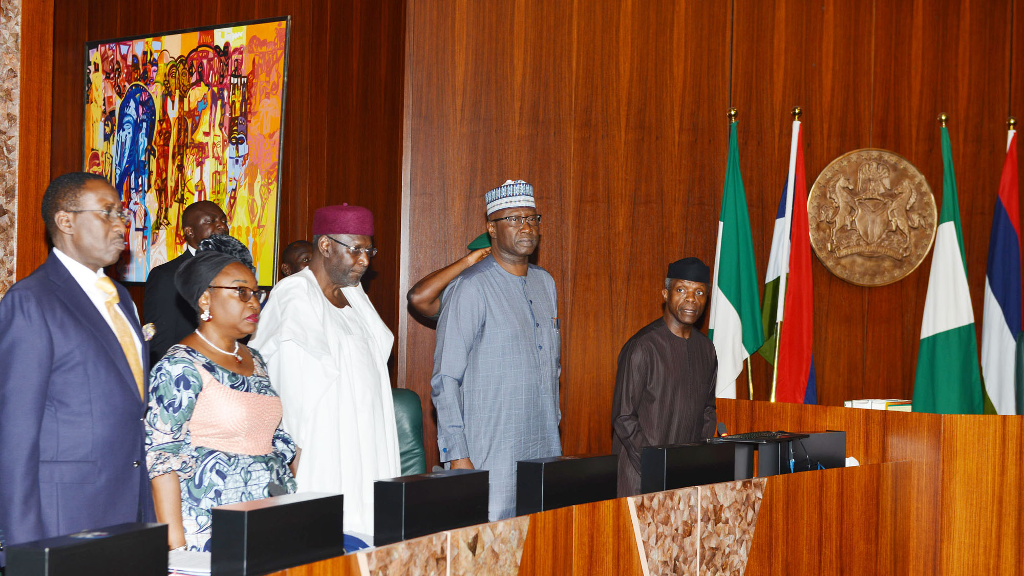 From left: National Security Adviser, retired Maj.-Gen. Babagana Monguno; Head of Civil Service of the Federation, Winifred Oyo-Ita; Chief of Staff to the President, Abba Kyari; Secretary to the Government of the Federation, Boss Mustapha and Acting President Yemi Osinbajo, during the Federal Executive Council Meeting at the Presidential in Villa in Abuja on Wednesday ( 15/8/18). 04386/15/8/2018/Sumaila Ibrahim/JAU/NAN