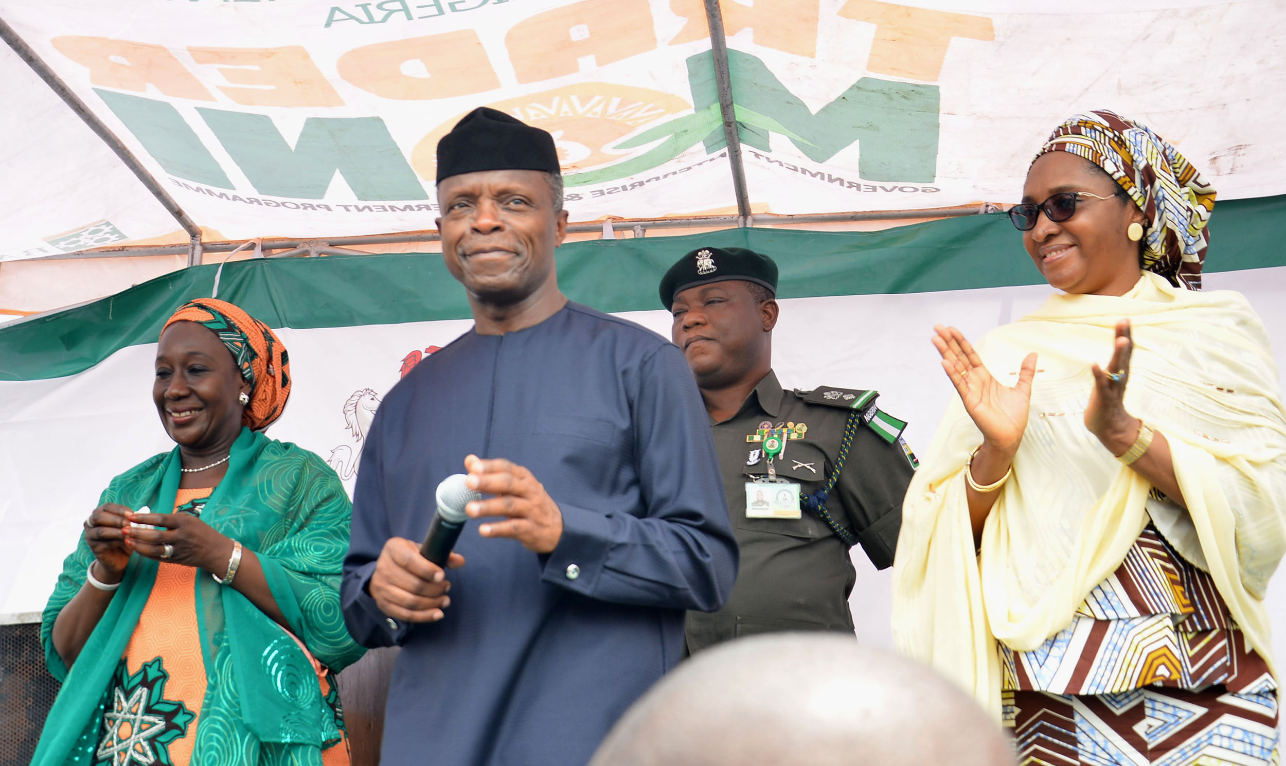 FILE PHOTO. From left: Minister of State for  Industry, Trade and Investment, Hajiya Aisha Abubakar; Vice President Yemi Osinbajo and Minister of  State for Budget and National Planning, Hajia  Zainab Ahmed during the Launching of TraderMoni at the Utako Market in Abuja on Thursday (6/9/18). 
04817/6/9/2018/Ibrahim Sumaila/JAU/NAN