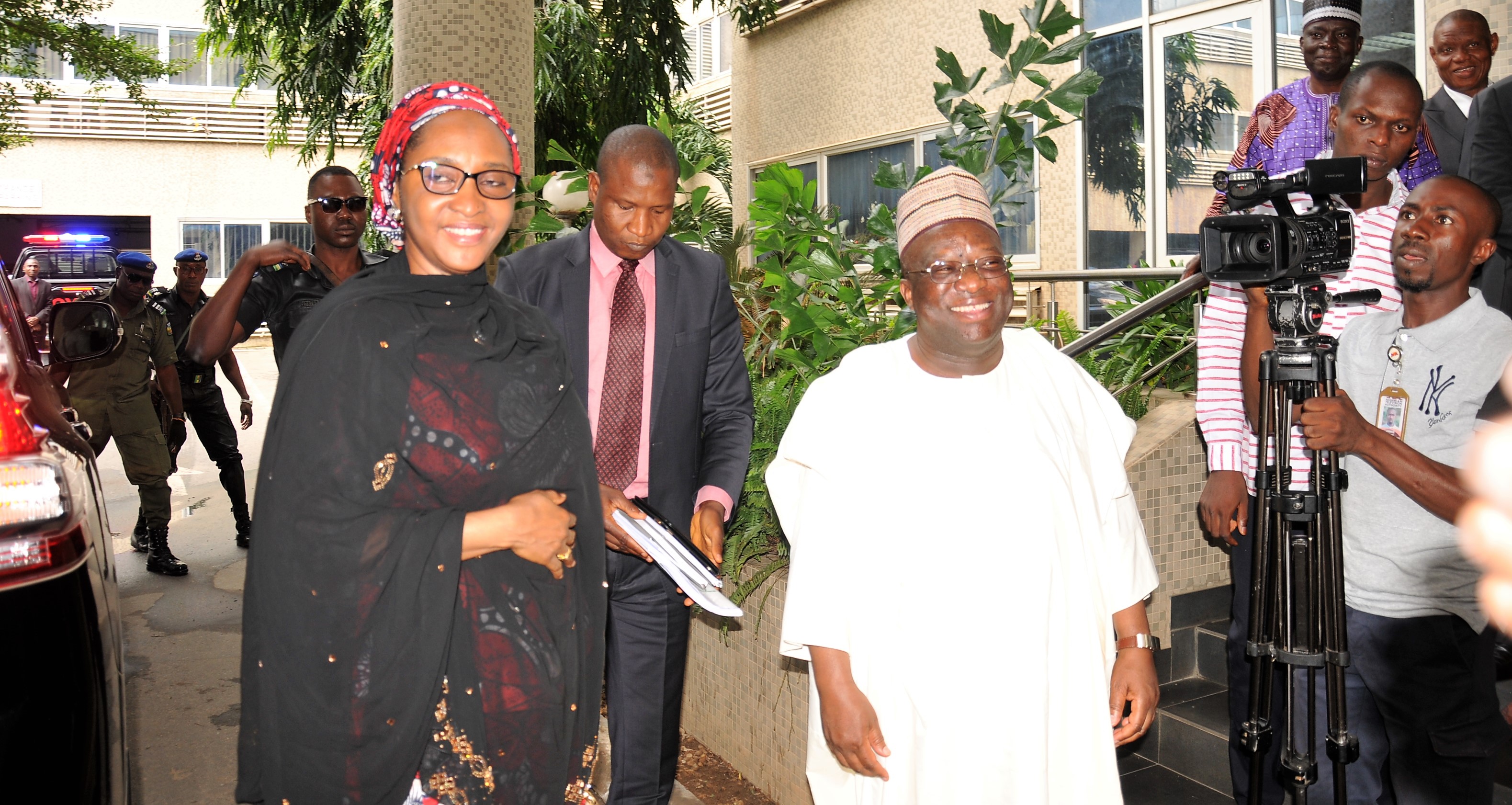 Supervising Minister of Finance, Zainab Ahmed, being received by the Permanent Secretary of the Ministry, Mahmoud Isa-Dutse, shortly on arrival at the Federal Ministry of Finance headquarters to assume duty on Monday.