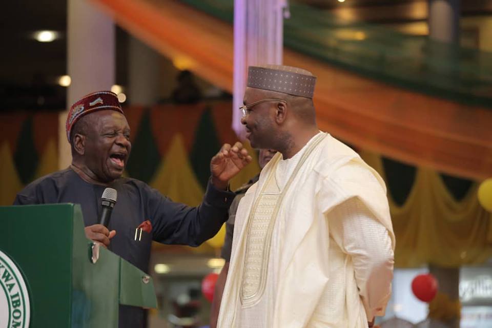 Victor Attah (left) with Governor Udom Emmanuel (right) at the state banquet organised in Uyo to mark Mr Attah's 80th birthday1