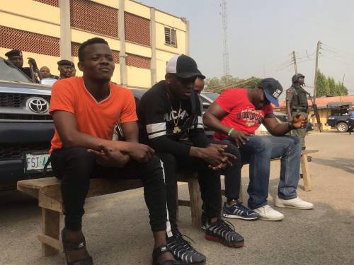Small Doctor (pictured 2nd from left) was paraded alongside the other suspects at the police command in Lagos