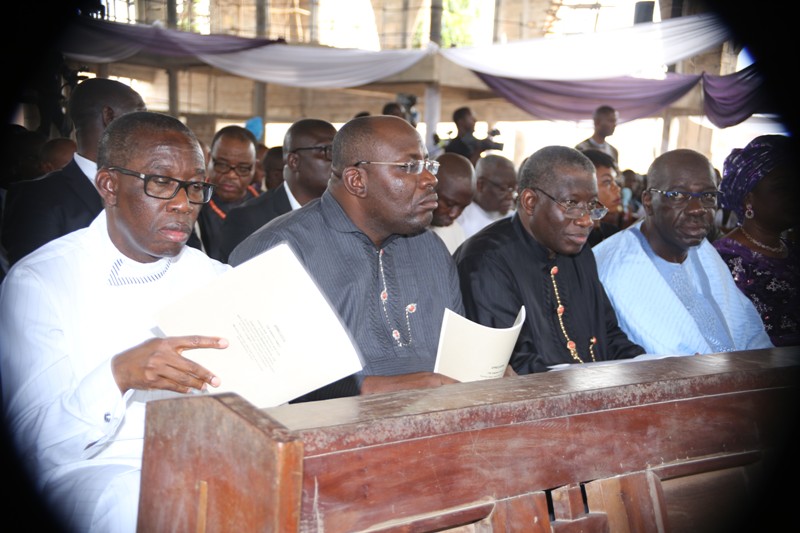 From Left: Delta State Governor, Senator Ifeanyi Okowa, Bayelsa State Governor, Rt Hon Seriake Dickson, former President, Dr Goodluck Jonathan, and Edo States Governor, Godwin Obaseki, during the funreral Mass in honour of Late Chief Anthony Anenih at Uromi, Edo State. PIX: BRIPIN ENARUSAI