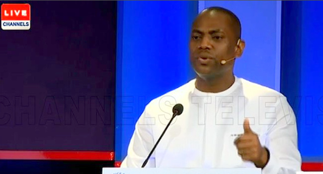 Fela Durotoye speaking at the presidential debate. [PHOTO CREDIT: CHannels Twitter handle]