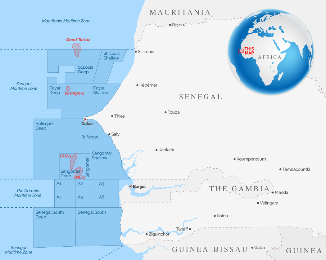 Map of Senegal showing offshore oil deposits used to illustrate the story