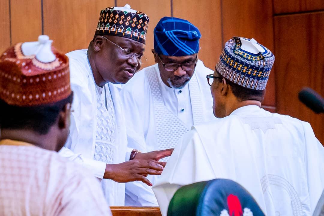 President of the Senate and Chairman of the National Assembly, Ahmad Ibrahim Lawan; Speaker of the House of Representatives, Rt (Hon.) Femi Gbajabiamila, and President Muhammadu Buhari, during the 2020 Budget presentation by the President at the National Assembly on Tuesday, 8th October, 2019.