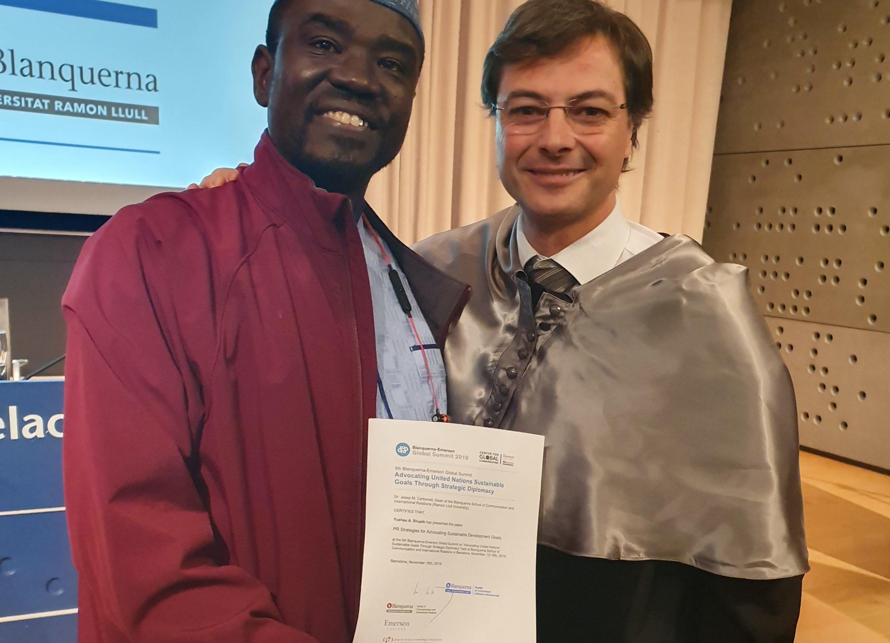 Yushau Shuaib with with Director of Blanquerna-Emerson Center for Global Communication Dr Enric Ordeix in Barcelona Summit