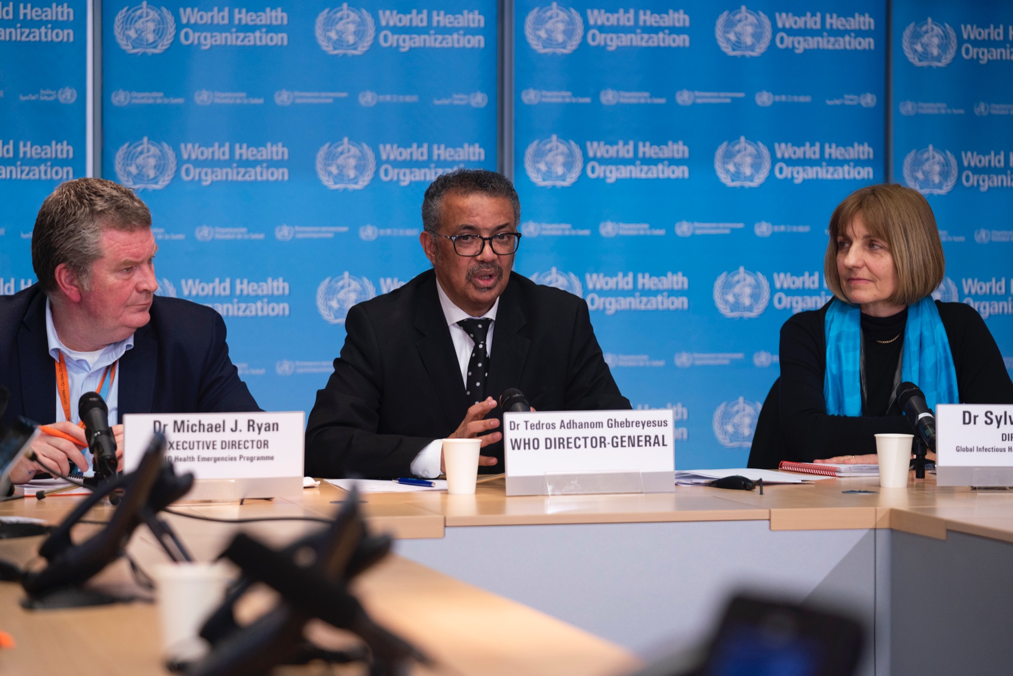 L-R: Dr Micheal J. Ryan, Executive Director; Dr Tedros Ghebreyesus, WHO Director General; Head of WHO’s Global Infectious Hazard Preparedness division, Sylvie Briand.