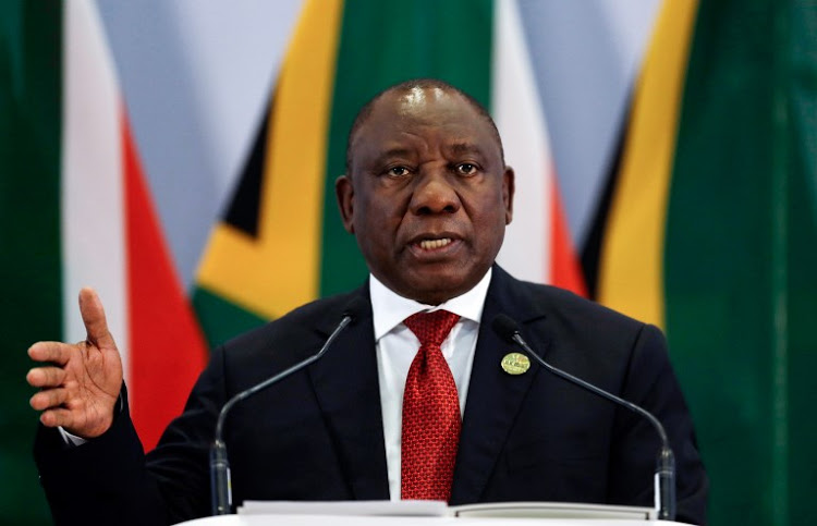 South African President Cyril Ramaphosa addresses a media conference at the end of the BRICS Summit in Johannesburg on July 27, 2018, as the heads of the BRICS group -- Brazil, Russia, India, China and South Africa -- met in Johannesburg for an annual summit dominated by the risk of a US-led trade war.