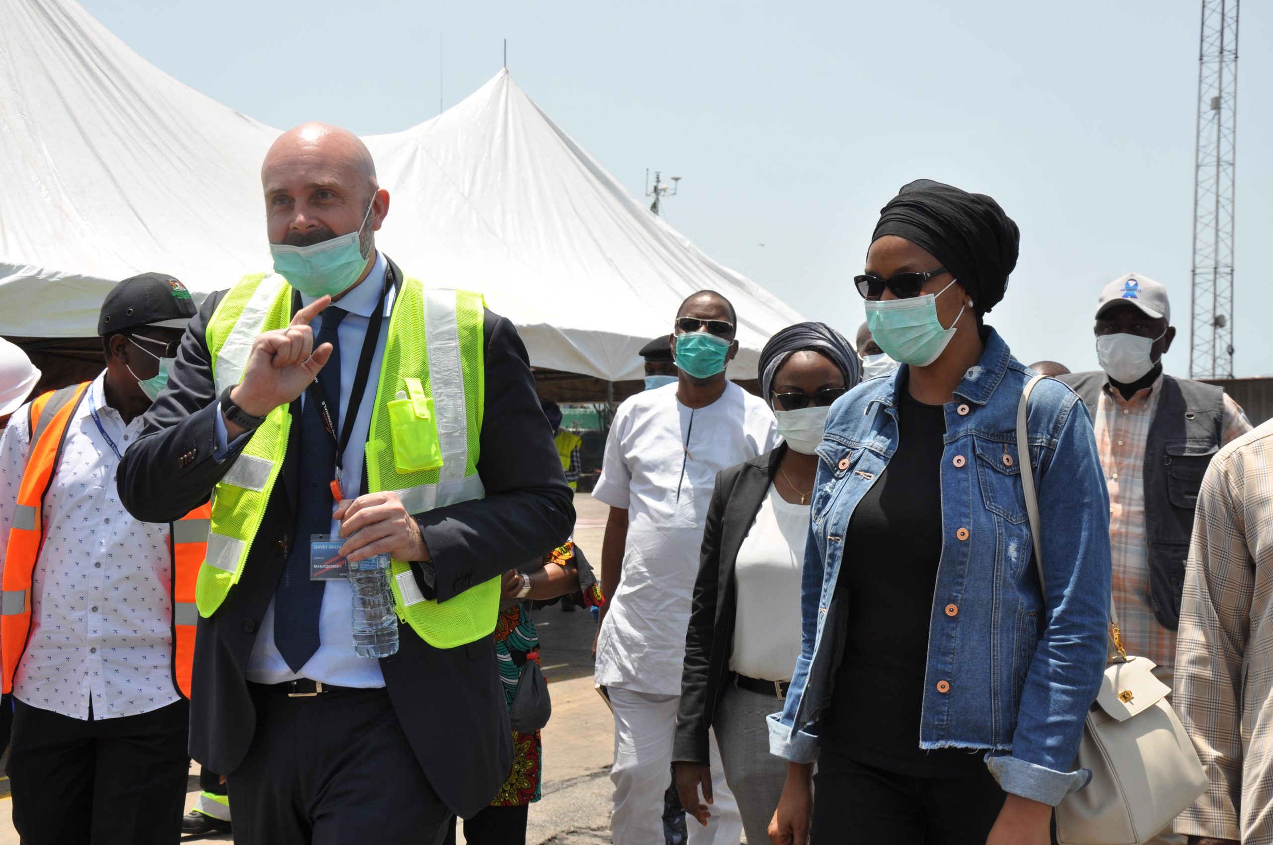The Head of Terminals, Africa and Middle East region of APM Terminals, David Skov (left) and the Managing Director of Nigerian Ports Authority (NPA), Hadiza Bala Usman (right), at the commissioning of two new multimillion dollars state-of-the-art Mobile Harbor Cranes acquired by APM Terminals Apapa on Thursday.