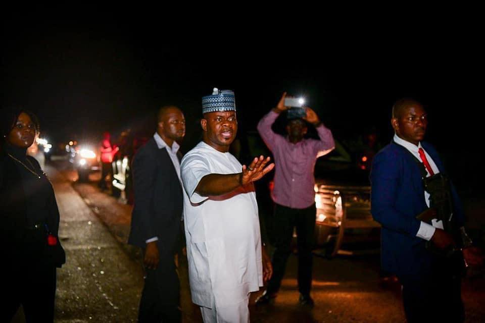 Yahaya Bello visited the heavy gridlock on the Gegu-Koton karfe section of the Lokoja-Abuja highway [PHOTO CREDIT: Alhaji Yahaya Bello on Facebook]