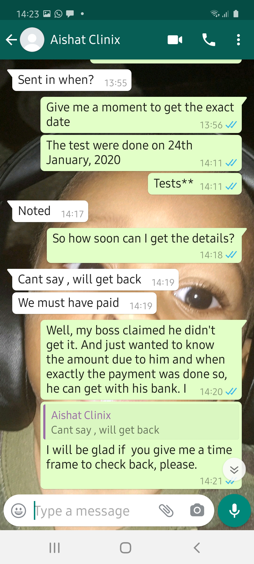 Screenshot of WhatsApp chat with Clinix sales representatives