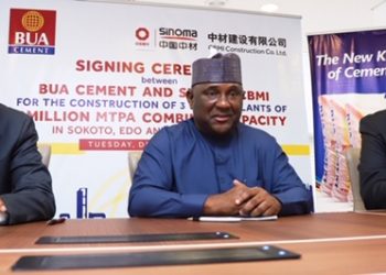 L-R: Engr. Yusuf Binji, Managing Director/CEO, BUA Cement Plc; Abdul Samad Rabiu, Founder, BUA Group/Chairman, BUA Cement and Jacques Piekarski, Chief Financial Officer, BUA Cement Plc during the signing ceremony between BUA and SINOMA CBMI of China for the construction of 3 new cement plants of 9million mtpa for BUA in Sokoto, Edo and Adamawa today at a total project cost (incl. construction) of 1.05billion US dollars.