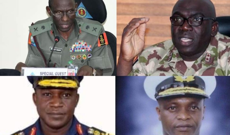 Newly appointed service chiefs: Major General Leo Irabor, Major-General I. Attahiru, Chief of Air Staff, Air Vice Marshall Isiaka Amao and Chief of Naval Staff, Rear Admiral Auwal Gambo