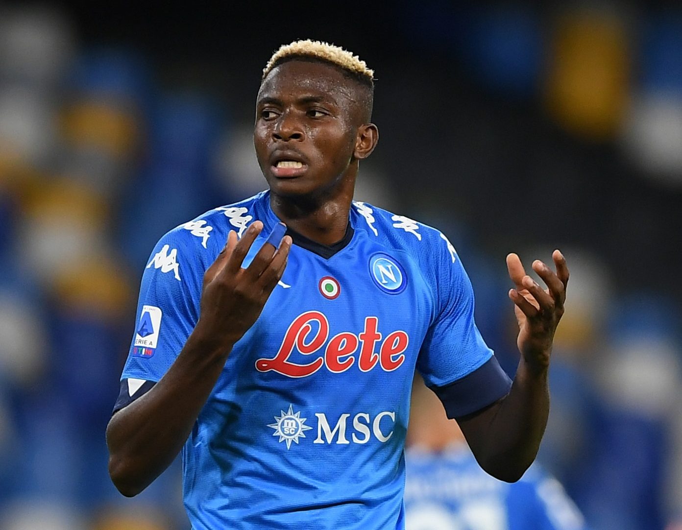  Victor Osimhen, a Nigerian professional footballer who plays as a striker for Serie A club Napoli and the Nigeria national team, is seen here in his Napoli kit.