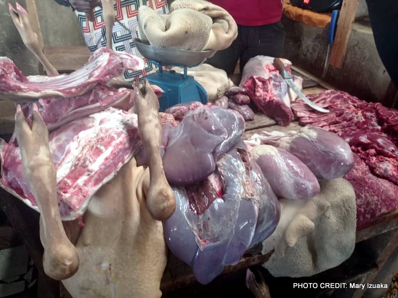 Meat on display in the market