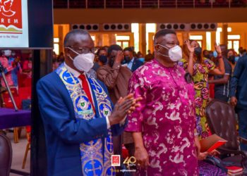 National President of the Pentecostal Fellowship of Nigeria, Francis Oke and Bishop of The Redeemed Evangelical Mission, Mike Okonkwo at the thanksgiving service [PHOTO CREDIT: @pfnnigeria]