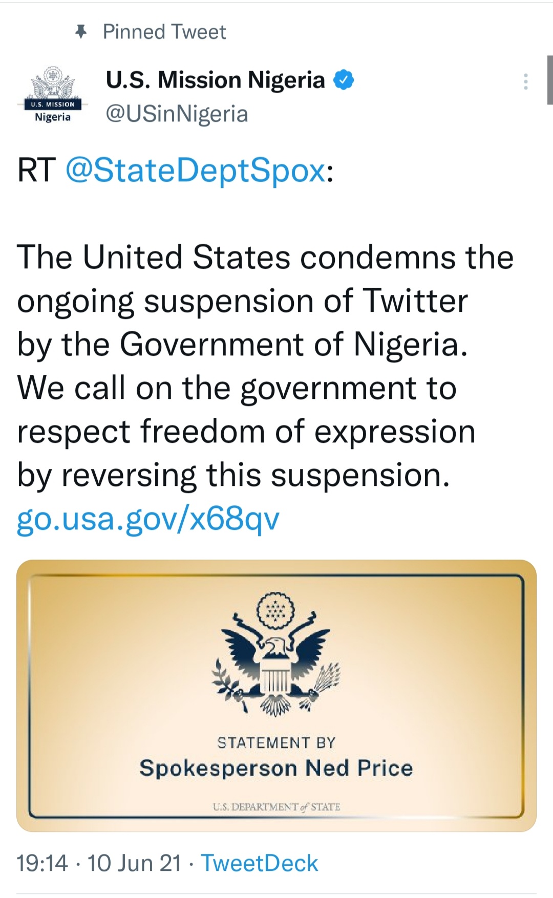 Pinned Tweet condemning Twitter Ban in Nigeria