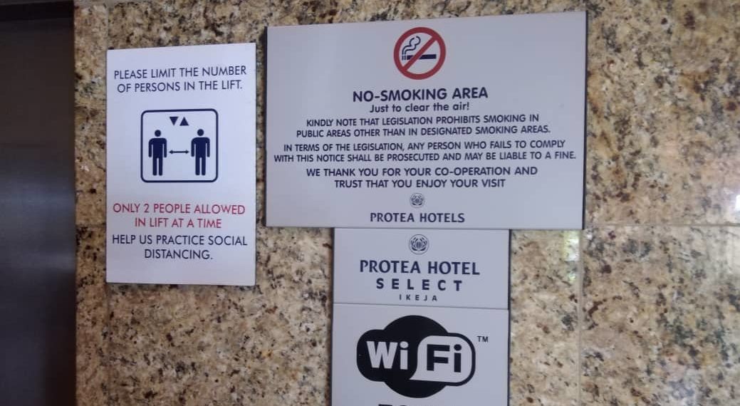 "No Smoking area" signage inside the Protea hotel in Ikeja