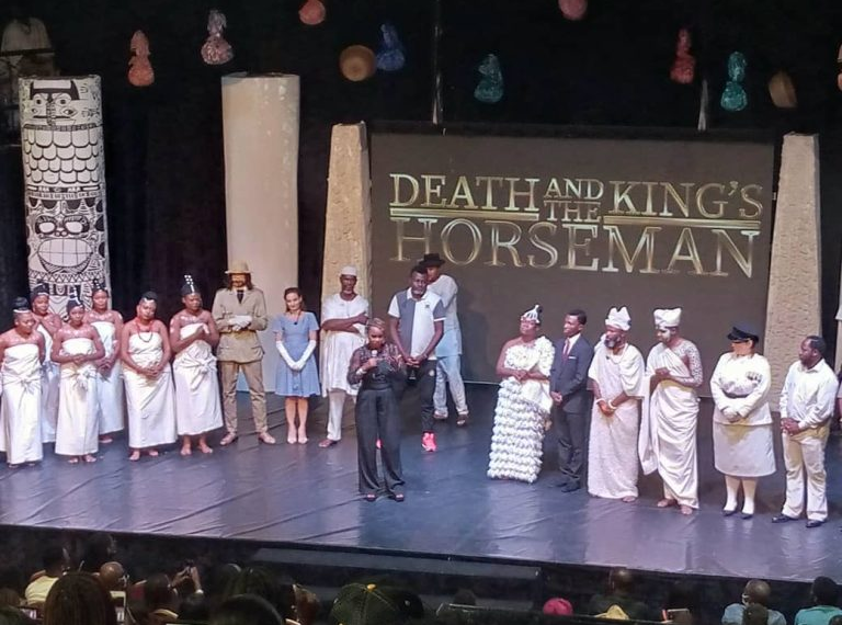 Cast of “Death and the King’s Horseman” produced by Bolanle Austen-Peters, Founder, Terra Kulture, on stage in Lagos on Monday