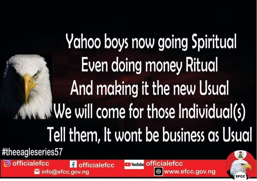 A post made by EFCC saying Yahoo boys are going spiritual. [PHOTO CREDIT: Facebook page of EFCC]