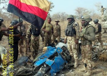 Troops of Operation Desert Sanity on clearance patrol in Sambisa Forest, Borno State, have uncovered the wreckage of crashed Alpha Jet aircraft (NAF475) that went off the radar with 2 crew members on 31 March 2021. Further exploitation ongoing. [CREDIT: Twitter handle of the Nigerian Army]