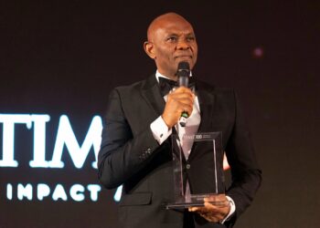 Tony Elumelu accepts the TIME 100 Impact Award at the Museum of the Future in Dubai on March 28, 2022. Pause Films / Igor Moskalenko