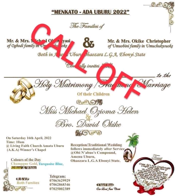David Okike and Ozioma Michael's Wedding invitation