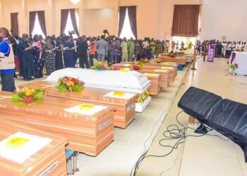Remains of the victims of the St. Francis Catholic Church, Owo attack at the funeral service on Friday.