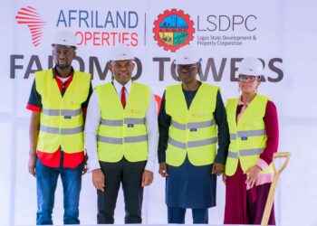 l-r: Managing Director, Lagos State Development and Property Corporation(LSDPC), Hon. Ayodeji Joseph; Group Chairman, Heirs Holdings, Mr Tony Elumelu; Executive Governor of Lagos State, Mr. Babajide Sanwo-Olu; Managing Director/CEO, Afriland Properties Plc, Mrs Uzo Oshogwe, during the Sod Turning Ceremony of Falomo Towers, a joint venture project of Afriland Properties Plc(Investee company of Heirs Holdings Group) and LSDPC, held at the site in Falomo on Friday