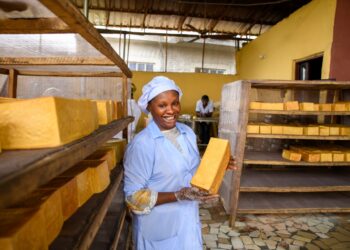 A baker holds a loaf of orange-fleshed sweet potato bread in her bakery in Nnewi (PHOTO CREDIT: Esomchi Foundation)