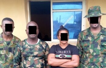The four fake soldiers arrested in Lagos (Photo credit: @BenHundeyin)