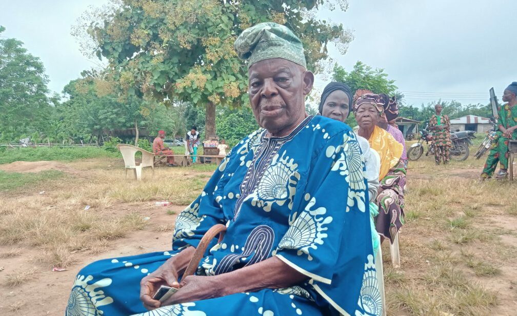 96-year-old Adekunle Benjamin, waiting for accreditation at Unit 7, Ward 8, Oogi Town, Ayedaade Local Government, Osun State.