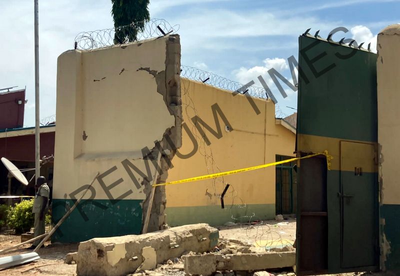 Entrance of Kuje Medium Prison brought down by suspected Boko-Haram terrorists.