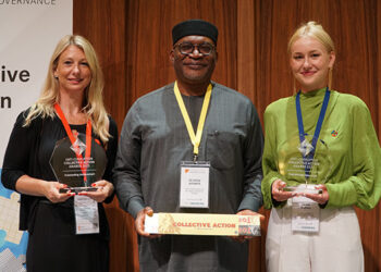 Left to right: Cecilia Muller-Torbarand of MACN and Soji Apamba of CBi, and Daria Ruban of Global Compact Network Ukraine Collective Action Initiative collect their awards at a conference held between June 30 and July 1 in Basel, Switzerland. (PHOTO CREDIT: David Borter, LEO MEDIA)