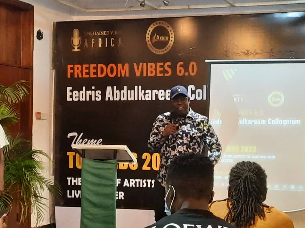 Kenny Ogungbe speaking at Eedris' Colloquium in Lagos on Saturday.