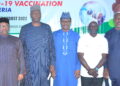 L-R; Minister of Health, Dr. Osagie Ehanire; Secretary to the Government of the Federation (SGF) of Nigeria and Chairman of the Presidential Task Force on COVID-19, Boss Mustapha; Executive Director of the National Primary Health Care Development Agency (NPHCDA), Dr. Faisal Shuaibu; Country Coordinator (Nigeria), Africa CDC Saving Lives and Livelihoods Initiative, Dr. Bakary Sonko and Minister of State for Health, Ekunmankama Joseph Nkama during the launching of the mass vaccination campaign 'SCALES 3.0' in Abuja recently.